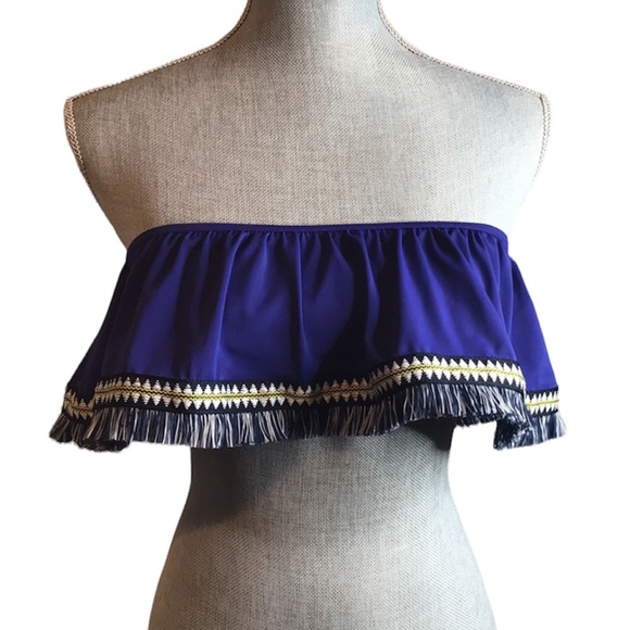 ASOS Fringe Boho Bandeau Bikini Swim Top Royal Blue Size 8 - Picture 1 of 9
